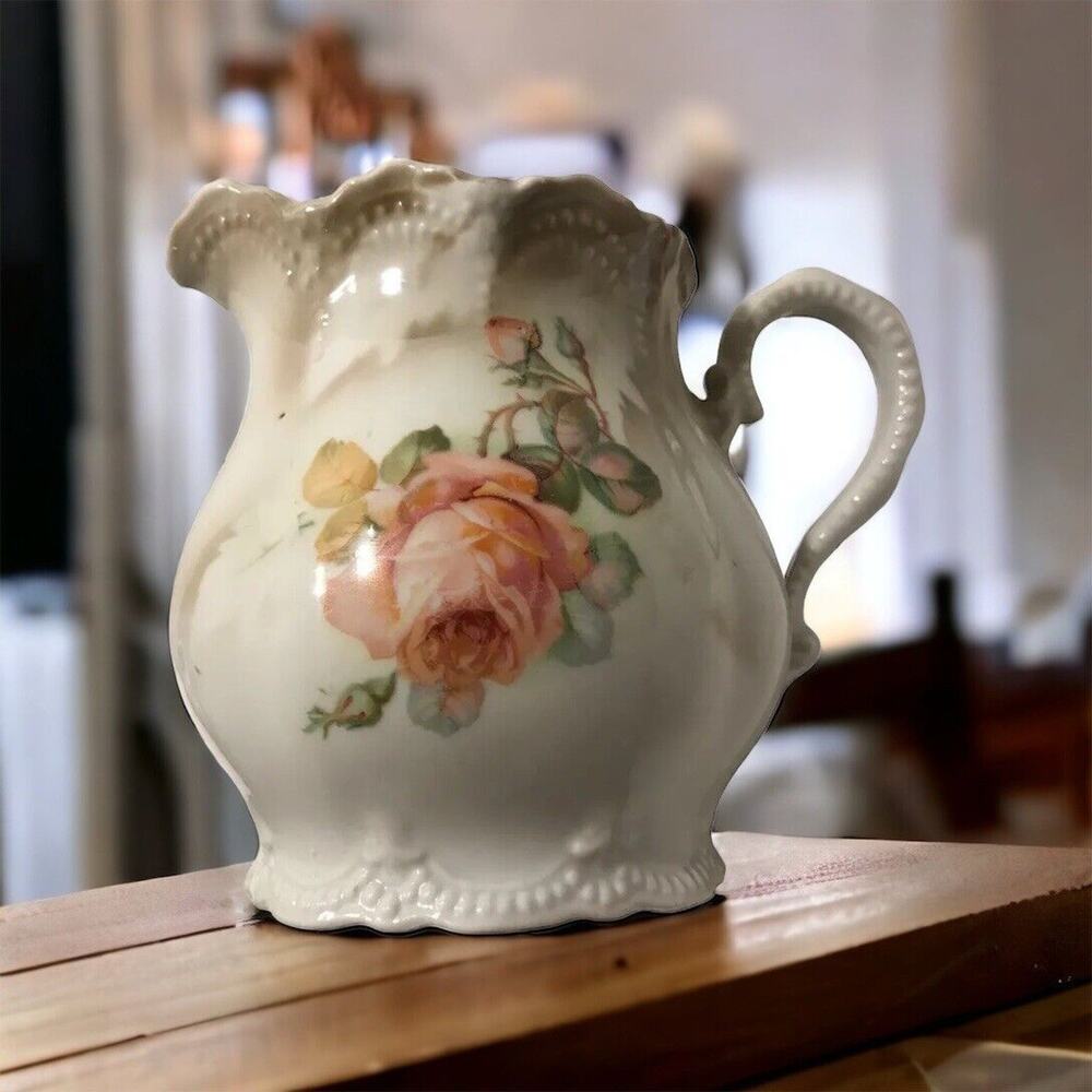 ANTIQUE VINTAGE LEUCHTENBURG‎ GERMANY ROSES FLORAL PORCELAIN PITCHER /JUG